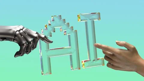 Robot and human hands are touching AI transparent letters 스톡 일러스트