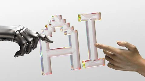 Robot and human hands are touching AI transparent letters 스톡 일러스트