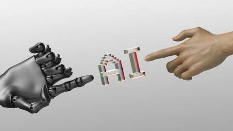 Robot and human hands are touching AI transparent letters 스톡 일러스트