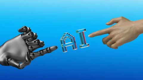 Robot and human hands are touching AI transparent letters 스톡 일러스트