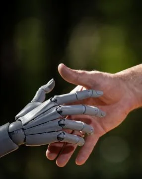 Robot and human hands in machinery future. Robotic hands with human engineeri Stock Photos