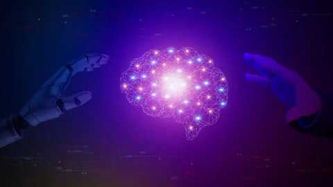 Robot and human hands show AI brain provide access information. 스톡 동영상 238661878