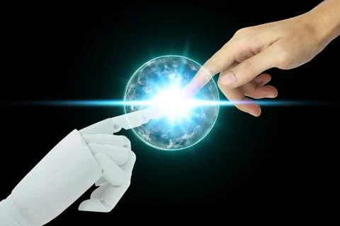 Robot and human hands touching on black background, Artificial Intelligence T Foto stock
