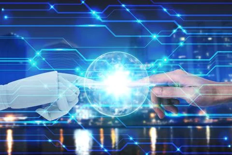 Robot and human hands touching on technology and city background, Artificial  Stock Photos