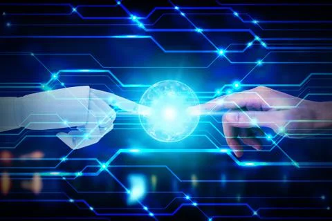 Robot and human hands touching on technology background, Artificial Intellige Stock Photos