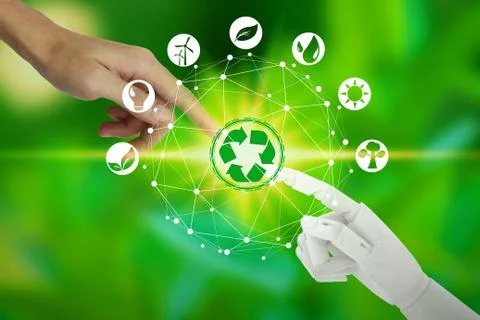 Robot and human hands with touching virtual environment icons over the networ Stock Photos