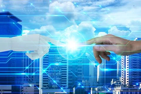 Robot and human hands with touching on city background, Artificial Intelligen Foto stock