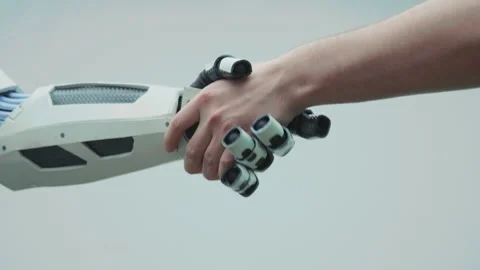 Robot and human handshake on white background. Cyber communication. Hand of male Video stock 202095879