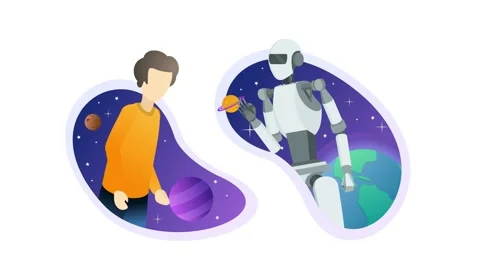 Robot and human holding hands with handshake in cyberspace. Cyber concept. Stock Footage 143346851