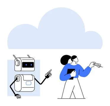 Robot and Human Interaction Beneath Cloud Symbolizing AI and Collaboration Stockillustratie