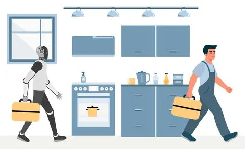 Robot and human in modern kitchen holding toolboxes, representing technolog.. Stockillustratie