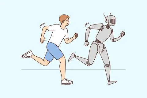 Robot and human run competition Stock Illustration