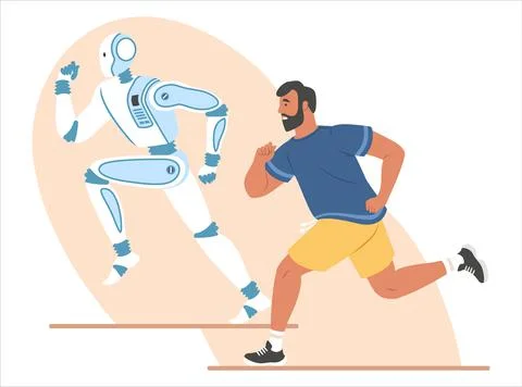 Robot and human running marathon race, flat vector illustration. Ai, robotic Stock Illustration