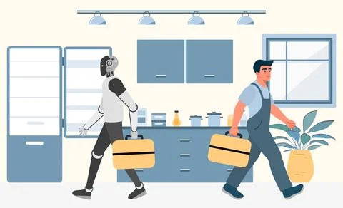 Robot and human walking in kitchen, carrying toolboxes for repair and maint.. Stock Illustration