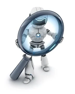 Robot and lens on white background (done in 3d) Stock Illustration