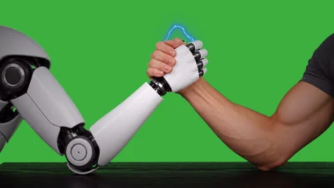 Robot and man arm wrestle green screen Stock Footage 340227358