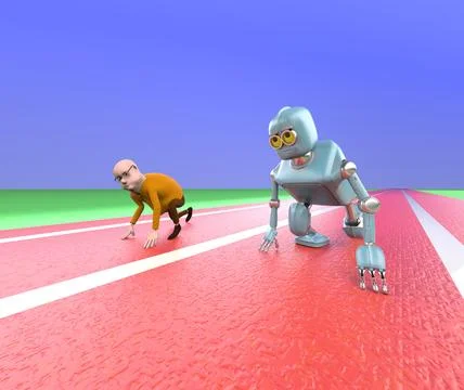 Robot and man competition,concept of future,3d render. Stock Illustration