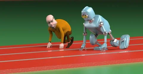 Robot and man competition,concept of future,3d render. Stock Illustration