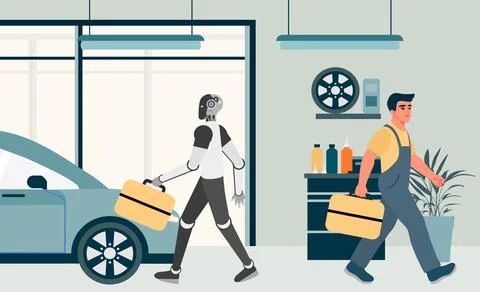 Robot and mechanic carrying toolboxes in auto repair shop, highlighting tec.. Stock Illustration