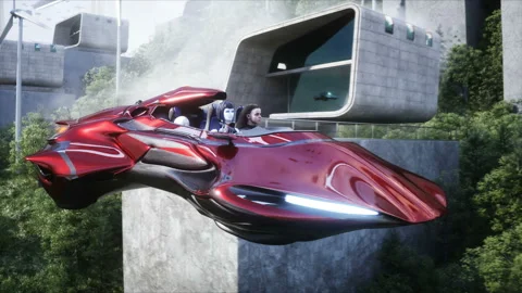 Robot and people in flying car. Futuristic city. flying car traffic. Future Vídeos de archivo 201935119