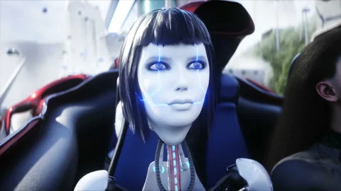 Robot and people in flying car. Futuristic city. flying car traffic. Future Video stock 201936908