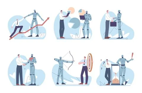 Robot and people. Robots vs business person on work. Programmers competition Stock-Illustration