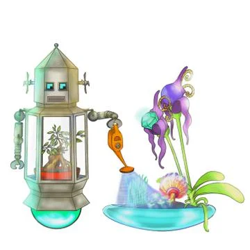 Robot And Plants Stock Illustration