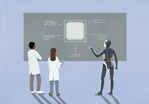 Robot and scientists examining microchip on blackboard 스톡 일러스트