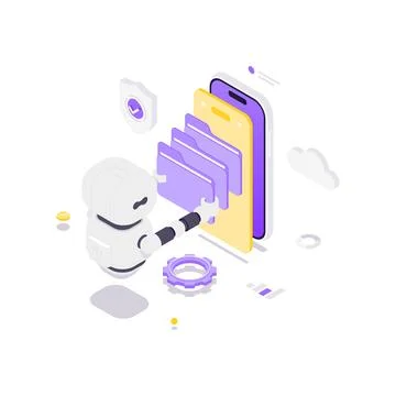 Robot And Secure Cloud Data Storage On Smartphone Isometric Vector Illustrati 스톡 일러스트