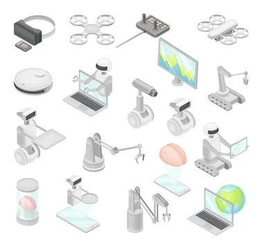 Robot and Smart Device Technology Isometric Vector Set Stock Illustration
