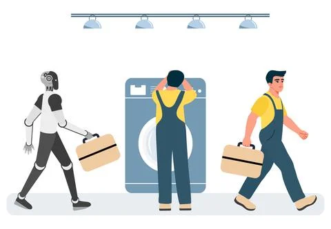 Robot and two workers with toolboxes, with washing machine in background, c.. Stock Illustration
