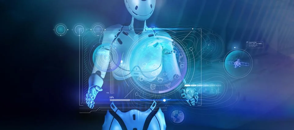Robot and virtual panel with Earth data. 3D render Stock Illustration