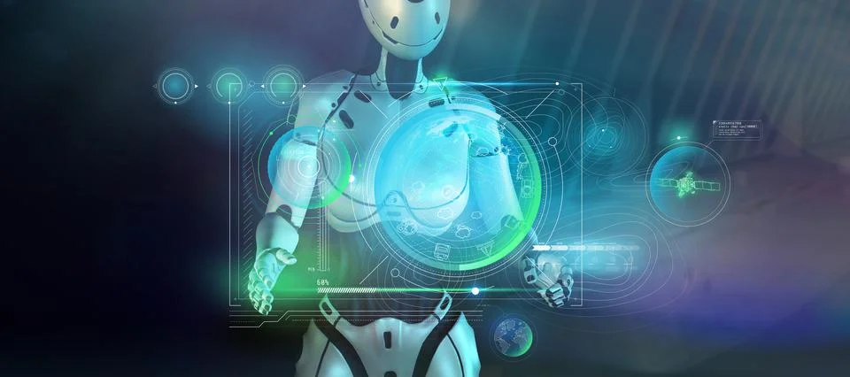 Robot and virtual panel with Earth data. 3D render Ilustración de archivo