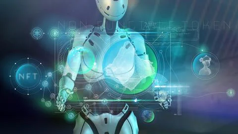 Robot and virtual panel with NFT and cryptocurrency data, 3D render Illustrazione stock