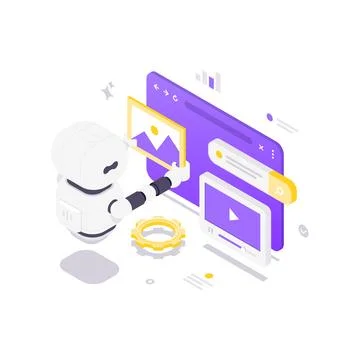 Robot And Web Interface For Content Management Isometric Vector Illustration イラスト素材