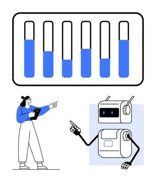 Robot and Woman Collaborating with Progress Bars Technology, Innovation, Da.. Stock Illustration