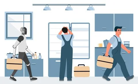 Robot and workers in kitchen setting showcasing modern technology and autom.. Stock Illustration