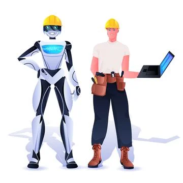 Robot and workman in hardhats construction workers standing together artificial Stock Illustration