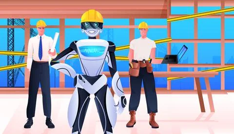 Robot and workmen engineers in hardhats standing on construction site artificial 스톡 일러스트