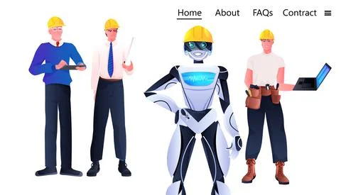 Robot and workmen engineers in hardhats standing together construction workers 스톡 일러스트