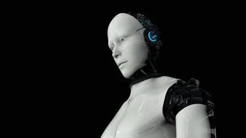 Robot android is activated and raises its head. The camera flies around. On a Stock Footage 134069621