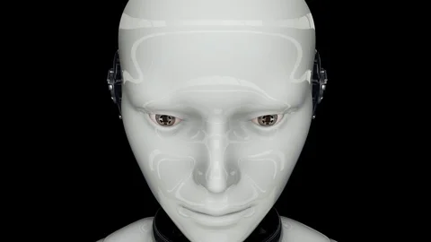 Robot android is activated, moves its head, eyes and scans the environment Stock Footage 130075073