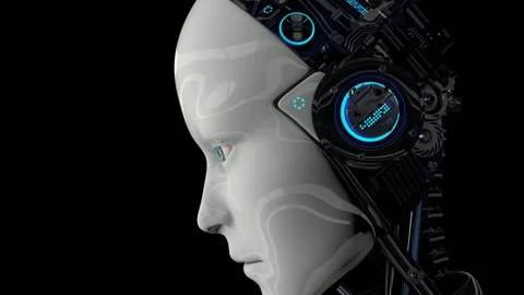 Robot android is activated, moves its head, eyes and scans the environment Stock Footage 130075088