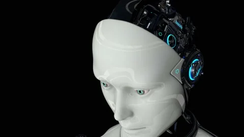Robot android is activated, moves its head, eyes and scans the environment Stock Footage 133200114