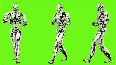 Robot android is backwards rife walk. Realistic looped motion on green screen Stock Footage 91516709