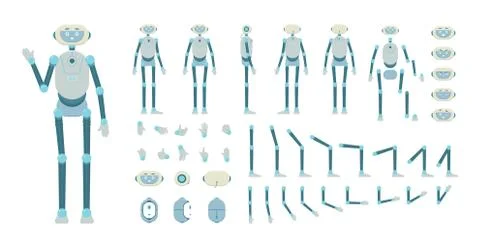 Robot android characters parts animation kit, flat vector illustration isolated. Stock Illustration