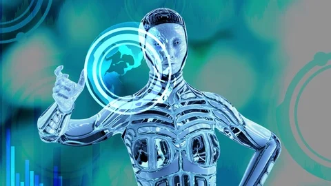 Robot Android cyborg working gestures with the virtual interface 3D render Stock Footage 75616612