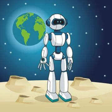 Robot android earth space moon Illustrazione stock