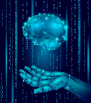 Robot android hand hold human brain. Low poly polygonal particle point line g Stockillustratie