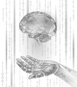 Robot android hand hold human brain. Low poly polygonal particle point line g 스톡 일러스트